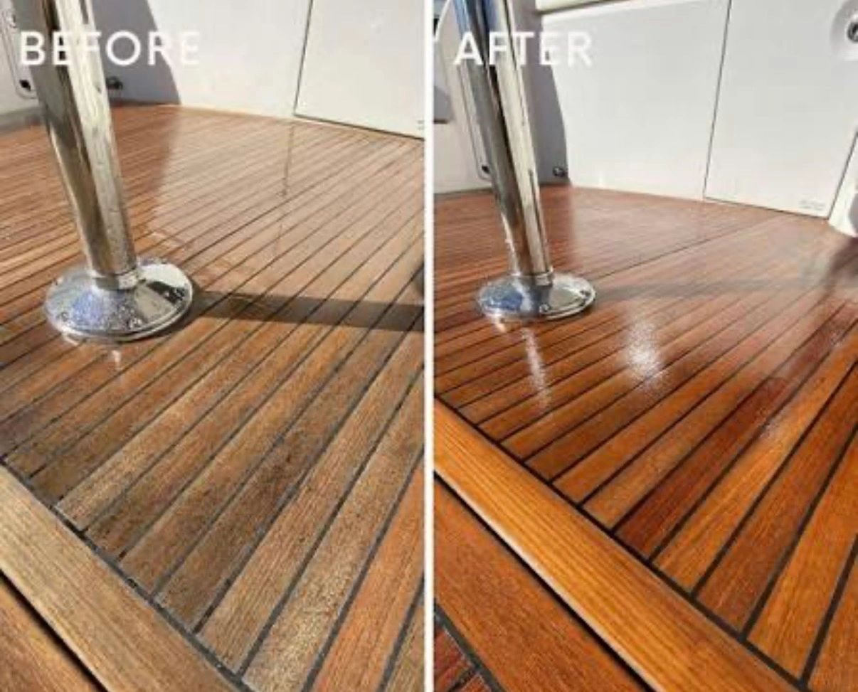 Before and after teak restoration showing a cleaner, polished surface